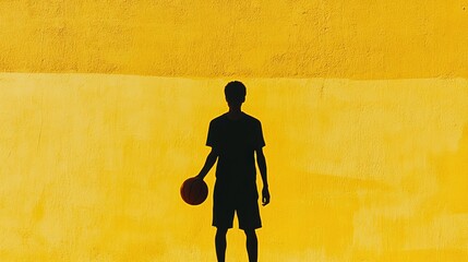 Poster - A silhouette of a man holding a basketball in front of yellow wall, AI