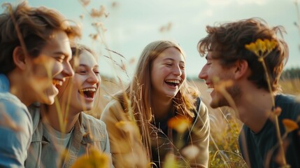 A joyful group of friends spending quality time together, having fun in a beautiful field of blooming wildflowers under the bright sunlight, enjoying laughter, smiles, and a carefree moment