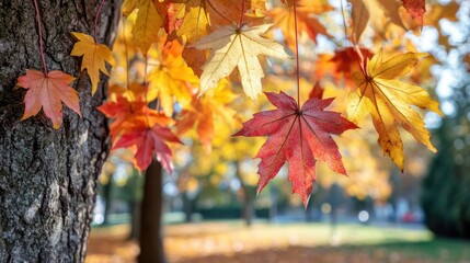 Autumn colorful bright leaves swinging in a tree in autumnal park