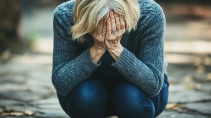 Wall Mural - A woman crouching down with her hands over her face, AI