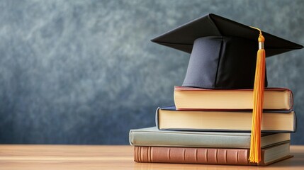 Graduation hat and stack of study books with copy space