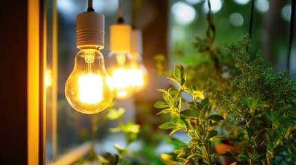 Green energy concept with light bulbs and plants