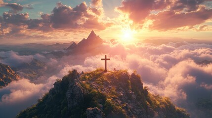 cross on mountain peak with sunset cloudscape