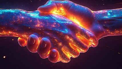 Poster - Two hands join in a handshake, illuminated with vibrant cosmic colors against a dark backdrop, symbolizing unity and connection.