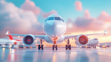 Poster - A modern airplane on a runway during sunset, showcasing aviation technology and travel.