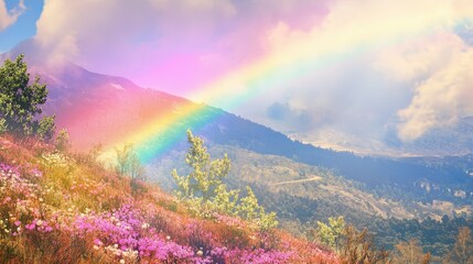 Wall Mural - Bright rainbow over springtime countryside