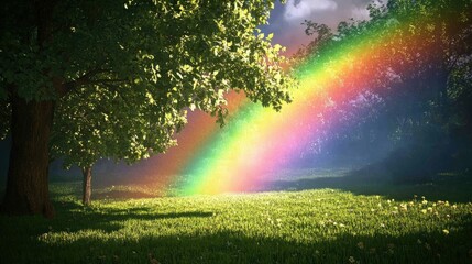 Wall Mural - Bright rainbow over springtime countryside