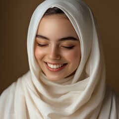 Poster - A woman in a white head scarf smiling with her eyes closed, AI