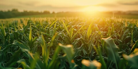 Poster - Sunset view of an open cornfield Lush corn bean fields in the early summer