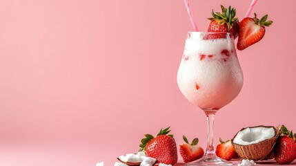 Sticker - A glass of strawberry milkshake with coconut and strawberries on a pink background, AI