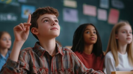 Canvas Print - A boy pointing up with his hand in class while other students look on, AI