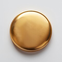 A polished, circular gold medal with a smooth reflective surface, elegant metallic shine, and embossed edges, symbolizing achievement and excellence.