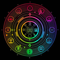 A colorful abstract futuristic digital circle with icons representing technology and data analysis, artificial intelligence, augmented reality, and virtual reality. Generated with AI.