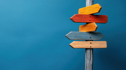 wooden post with vibrant directional signs against a blue background, symbolizing choices, direction