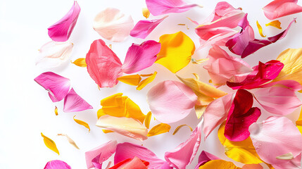 an explosion of vibrant flower petals in shades of pink, yellow, and red, scattered in mid-air, white background