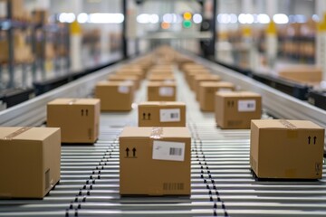 Poster - Warehouse scene with boxes moving on conveyor belt