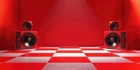 A bright red room with two speakers and a checkered floor, ideal for music events or parties