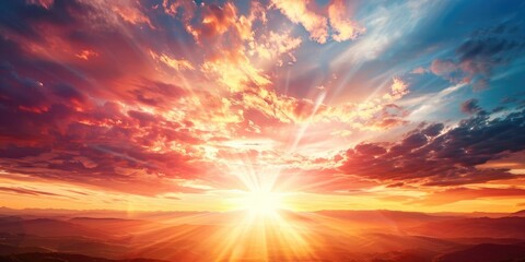 Poster - Panoramic Horizon Sunburst A stunning panoramic view captures the sun bursting above the horizon illuminating the sky with vibrant colors evoking a sense of awe and wonder