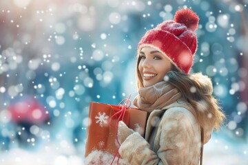 In a shimmering winter setting, a woman smiles while holding a gift bag, enjoying festive shopping. The scene radiates Christmas joy and holiday cheer with snowflakes gently falling around her