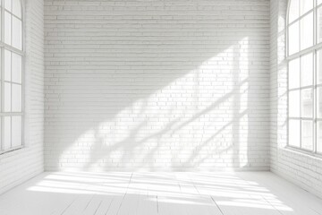 Poster - The minimalist design showcases a bright white brick wall that contrasts with large windows, letting in natural light and creating a tranquil, airy atmosphere that is inviting to all who enter