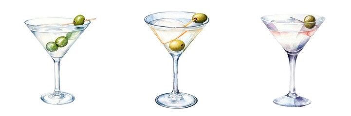 A martini glass with olive, beverage symbol, watercolor clipart, classic cocktail, isolated on white background