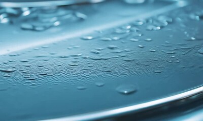 Poster - Reflective beauty of water droplets on metallic surface captured in serene ambiance at dawn. Generative AI