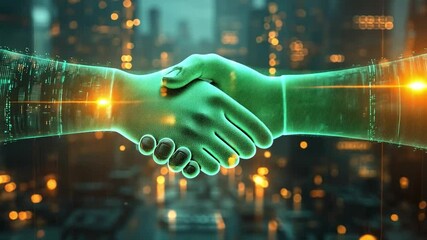 Poster - A virtual handshake occurs between two digital representations in a high-tech urban environment, illuminated by city lights at twilight.