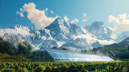 A modern greenhouse nestled at the foot of a majestic snow-capped mountain range under a clear blue sky.