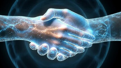 Poster - Two hands meet in an electrifying display, symbolizing connection and partnership against a dark background.