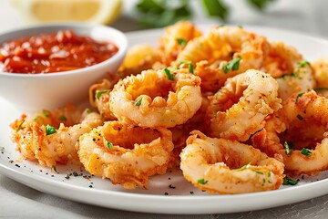 Canvas Print - Crispy Fried Calamari Rings with Marinara Sauce