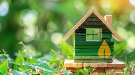 Sticker - Green wooden house with a window in the green nature.