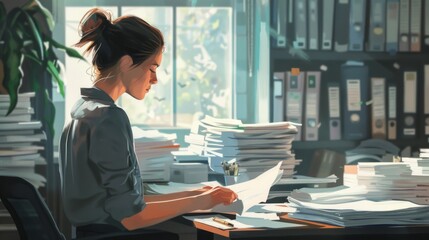 Wall Mural - Administrative assistant, side view, with office supply list on table in office generative ai