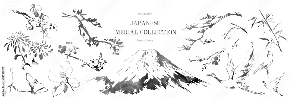 年賀状　年賀はがき　花　鶴　富士山 年賀状, 正月, 筆書き, 和, ベクター, 鶴, 富士山, セット, 花