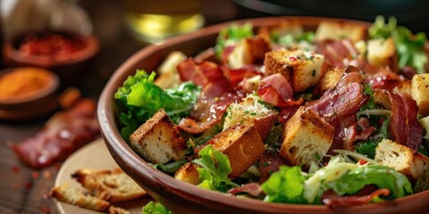 Caesar Salad with Crispy Bacon and Crunchy Croutons