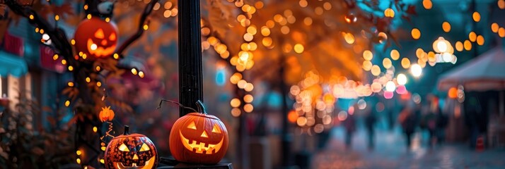 Canvas Print - High-quality image of Halloween-themed pumpkin decorations enhancing the streets in celebration of the autumn harvest season.