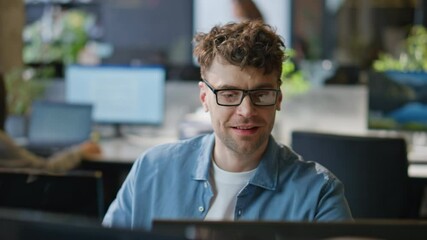 Poster - Smiling programmer working computer corporate workplace closeup. Man looking pc