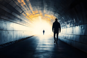 Silhouette of Man Walking in Tunnel. Light at End of Tunnel