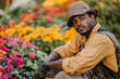 © FrameForge - Young gardener in work attire sitting among vibrant blooming flowers, looking thoughtful and relaxed in a colorful garden setting