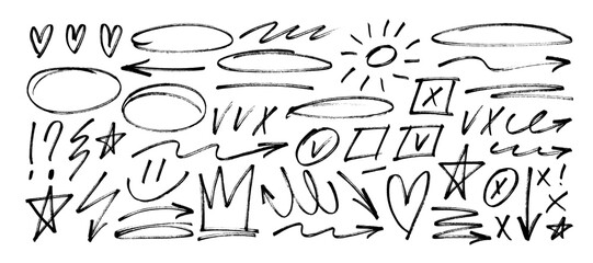 Poster - Crayon drawn doodle shapes, check marks, crown and arrows collection. Hand drawn oval shapes and scribble crayon. Punk girly style vector doodle icons set. Graphic elements for notes.