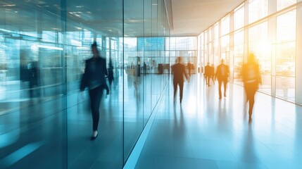 Canvas Print - A group of people walking through a glass building with windows, AI