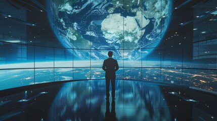 Wall Mural - Businessman on top of the world, in a boardroom generative ai