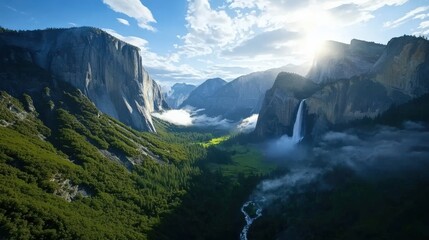 The majestic beauty of Yosemite Valley, California, framed by towering granite cliffs and cascading waterfalls