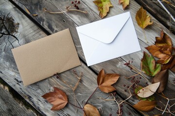 Aufkleber - A single white envelope sits on top of a wooden table, ready for use