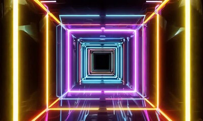Poster - A mesmerizing journey through glowing neon tunnels in a vibrant digital landscape at night, exploring the depths of light and color. Generative AI