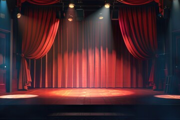 Poster - A empty stage with red curtains and spotlights, ideal for theatrical performances or presentations