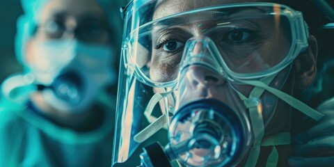 Wall Mural - Medical setting with a physician and patient using oxygen masks for surgery, emphasizing emergency care, respiratory support, and professional assistance during an operation