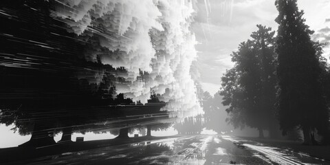 Poster - A black and white photo of a quiet park bench with a scenic background