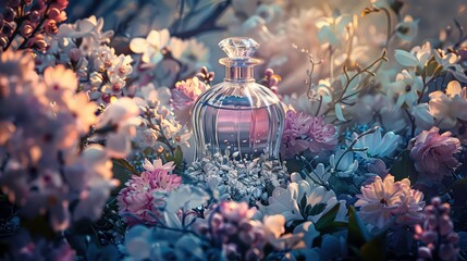 A glass perfume bottle with a diamond-shaped stopper surrounded by delicate flowers and a warm, sunlit background.