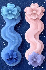 Wall Mural - Abstract Paper Flowers and Wavy Lines on Blue Background