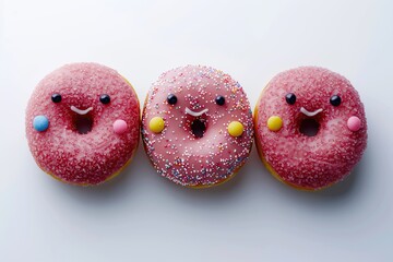 Wall Mural - Three Pink Donuts with Sprinkles and Smiley Faces